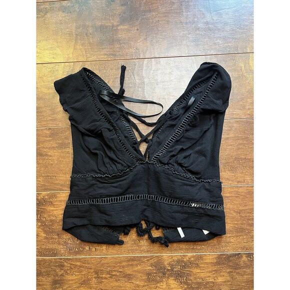 Free People Tops - Free People Black Lace Ruffle Sleeve Open Tie Back Black Crop Top Festival XS